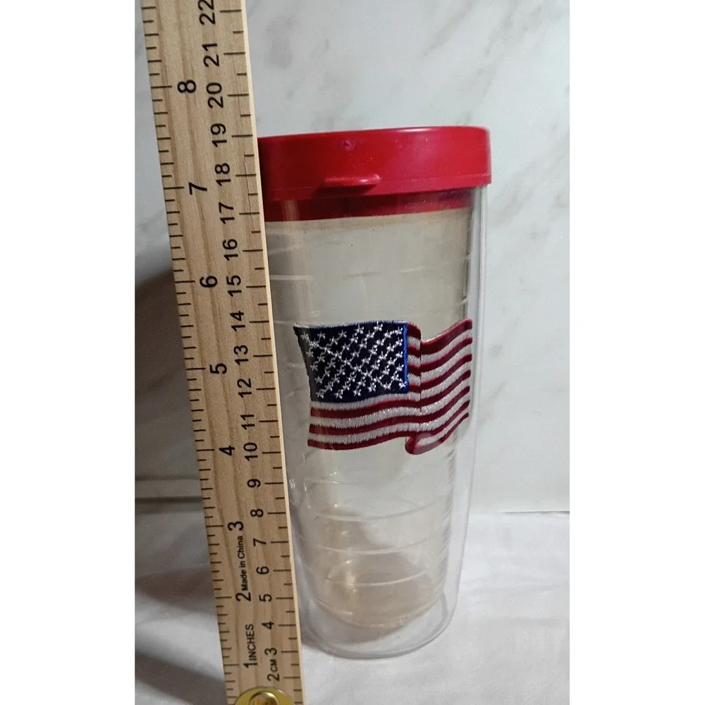 American Tumbler 22oz USA Flag Insulated Travel Mug Red Lid Patriotic Clear Cup